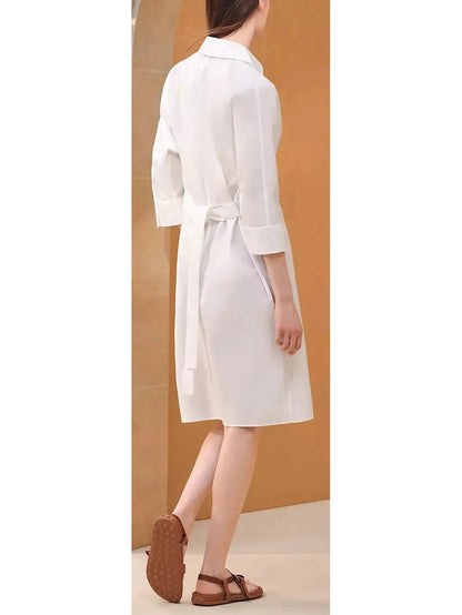 Belted Shirt Dress in Cotton Twill White - Dresses