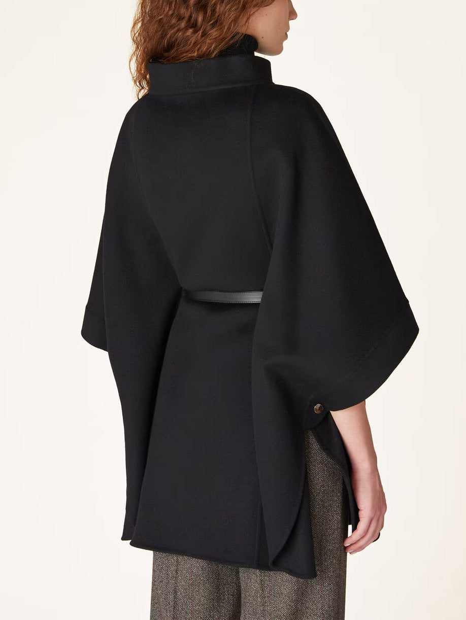 Belted Short Cape Coat with Mock Neck in Black - Coats