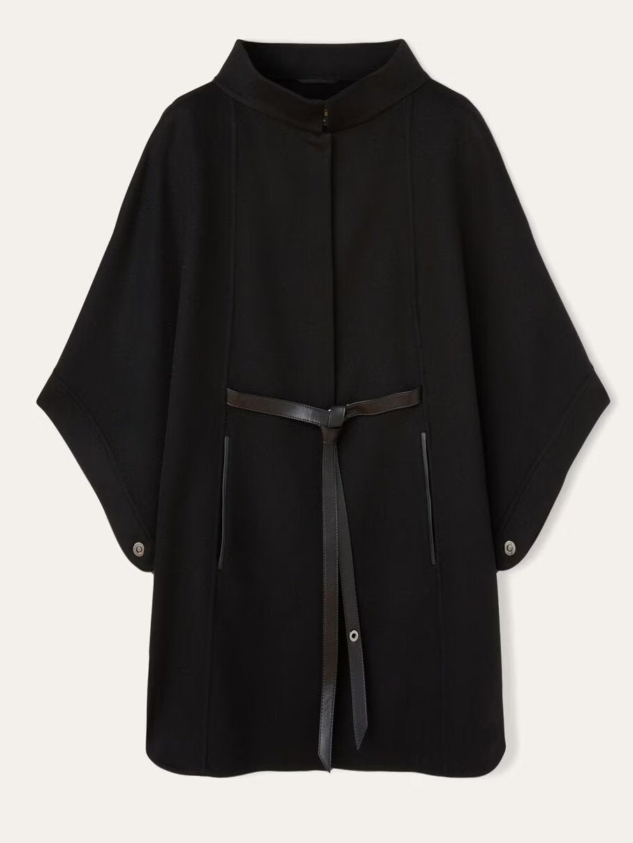 Belted Short Cape Coat with Mock Neck in Black - Coats