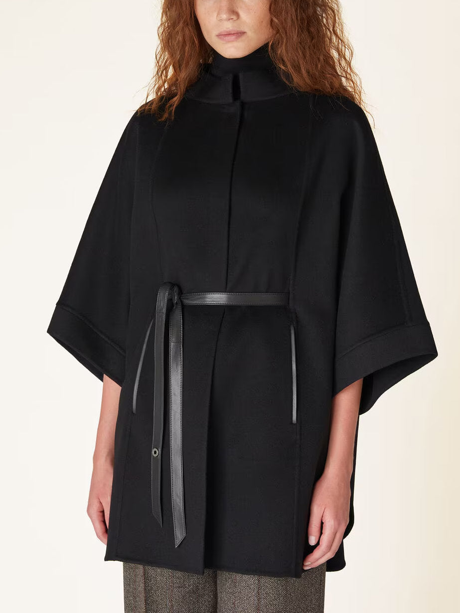 Belted Short Cape Coat with Mock Neck in Black - Coats