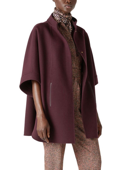 Belted Short Cape Coat with Mock Neck in Burgundy - Coats