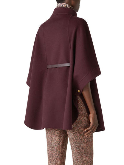 Belted Short Cape Coat with Mock Neck in Burgundy - Coats