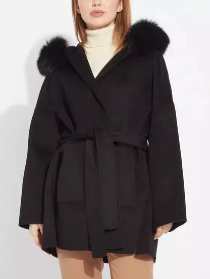 Belted Short Wool Cashmere Coat with Fur-Trim Hood in Black - Coats