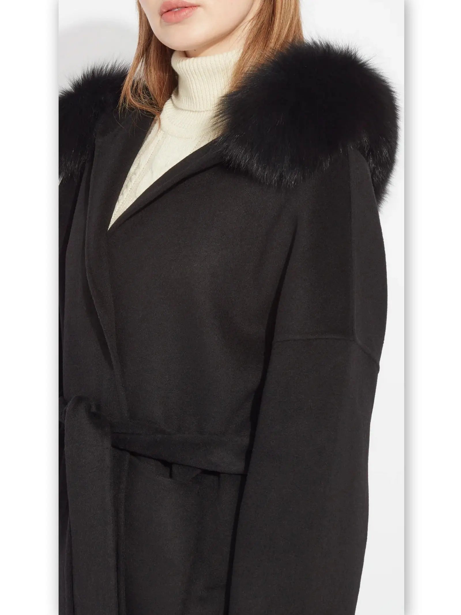 Belted Short Wool Cashmere Coat with Fur-Trim Hood in Black - Coats