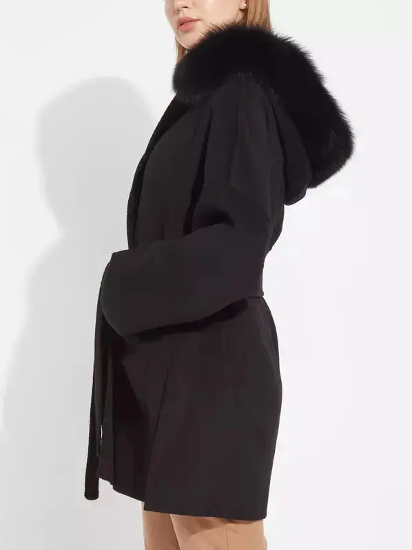 Belted Short Wool Cashmere Coat with Fur-Trim Hood in Black - Coats