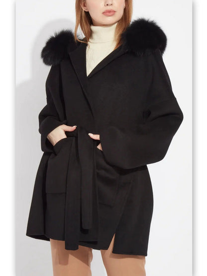 Belted Short Wool Cashmere Coat with Fur-Trim Hood in Black - Coats