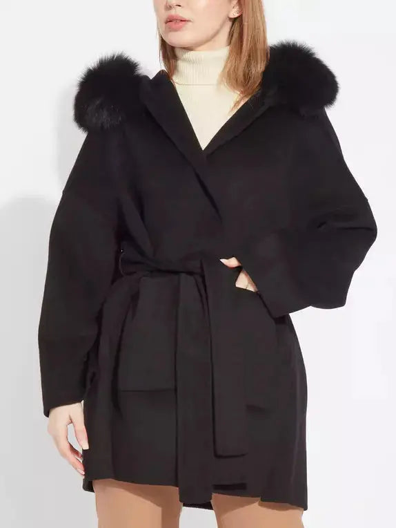 Belted Short Wool Cashmere Coat with Fur-Trim Hood in Black - Coats