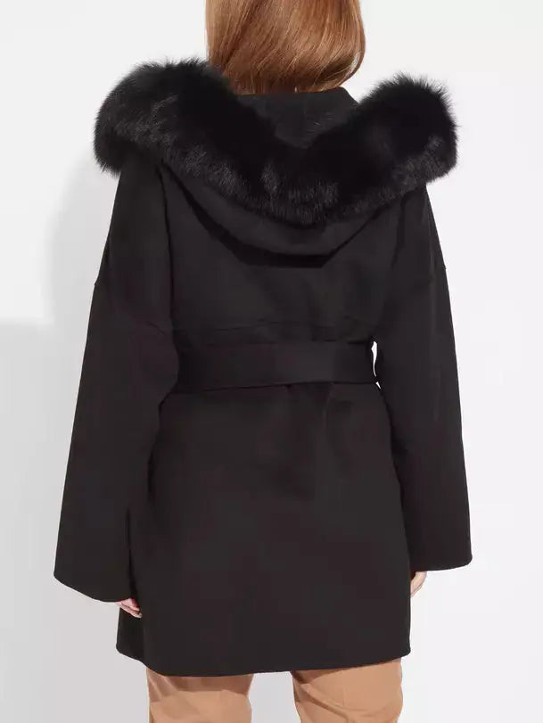 Belted Short Wool Cashmere Coat with Fur-Trim Hood in Black - Coats