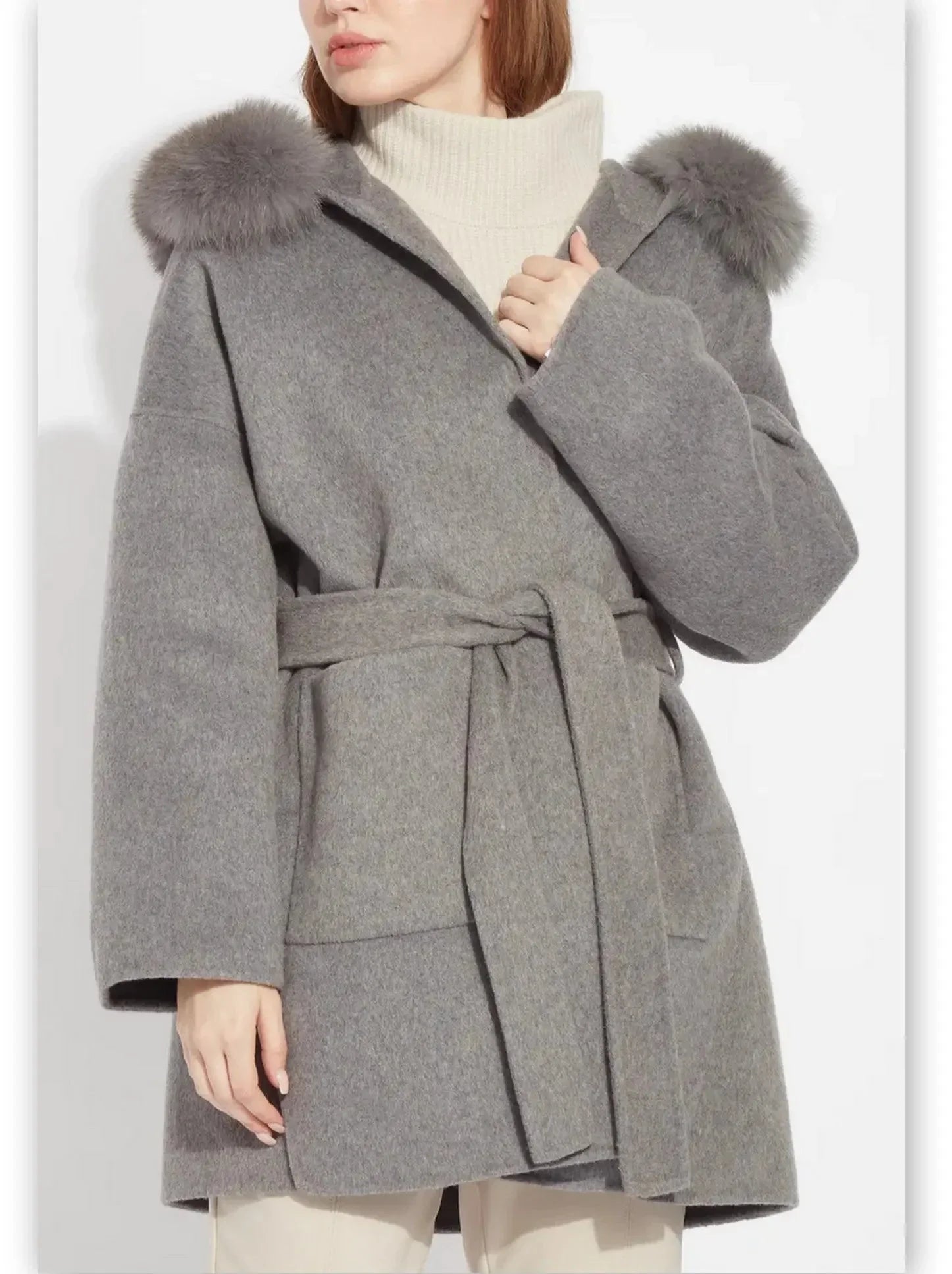 Belted Short Wool Cashmere Coat with Fur-Trim Hood in Grey - Coats