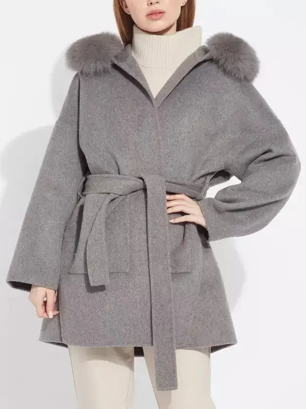 Belted Short Wool Cashmere Coat with Fur-Trim Hood in Grey - Coats