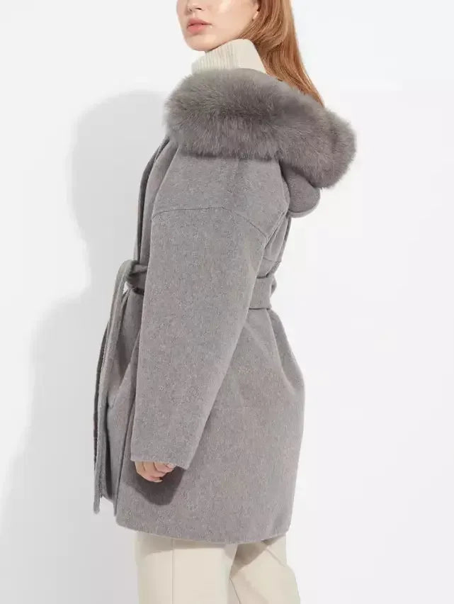 Belted Short Wool Cashmere Coat with Fur-Trim Hood in Grey - Coats