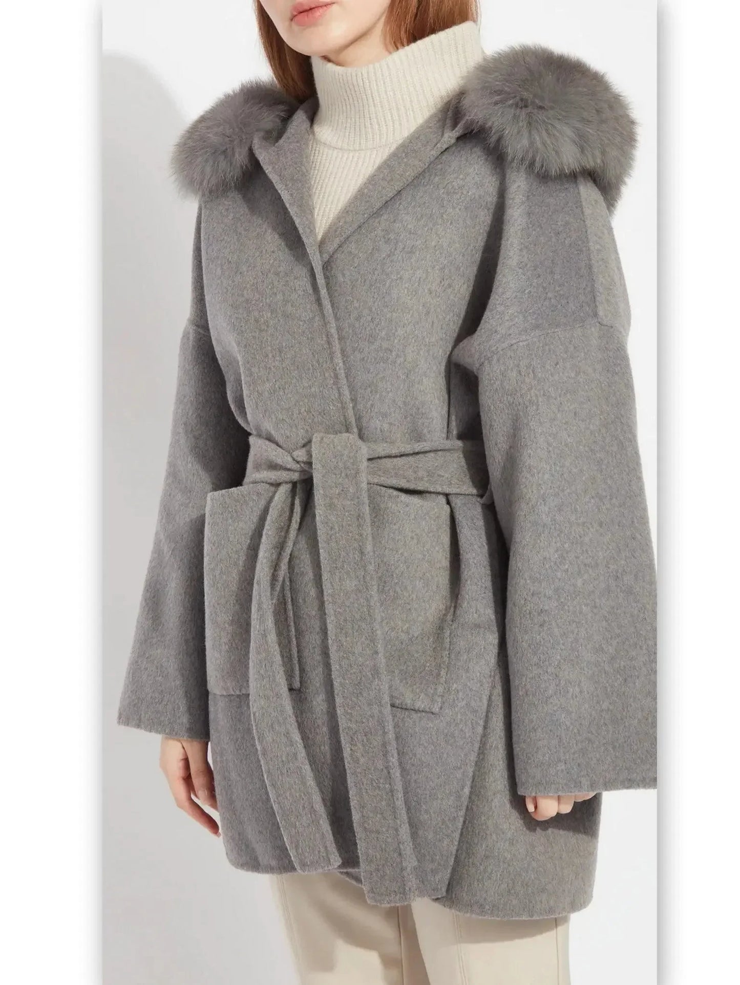 Belted Short Wool Cashmere Coat with Fur-Trim Hood in Grey - Coats