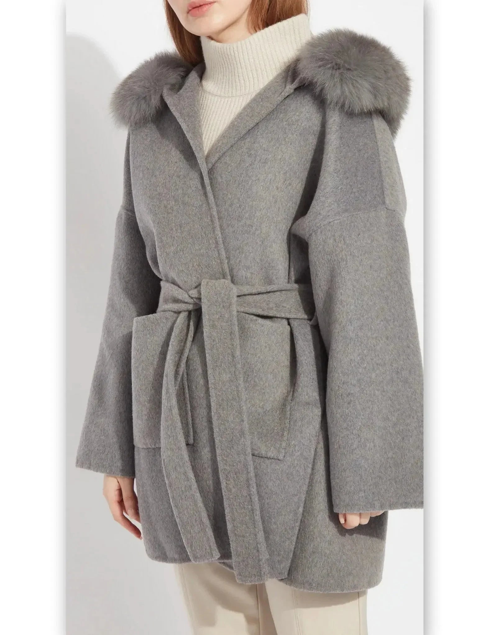 Belted Short Wool Cashmere Coat with Fur-Trim Hood in Grey - Coats