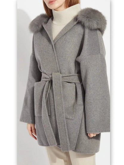 Belted Short Wool Cashmere Coat with Fur-Trim Hood in Grey - Coats
