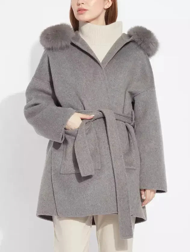 Belted Short Wool Cashmere Coat with Fur-Trim Hood in Grey - Coats