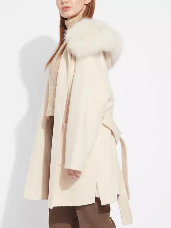 Belted Short Wool Cashmere Coat with Fur-Trim Hood in Ivory - Coats