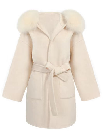 Belted Short Wool Cashmere Coat with Fur-Trim Hood in Ivory - Coats