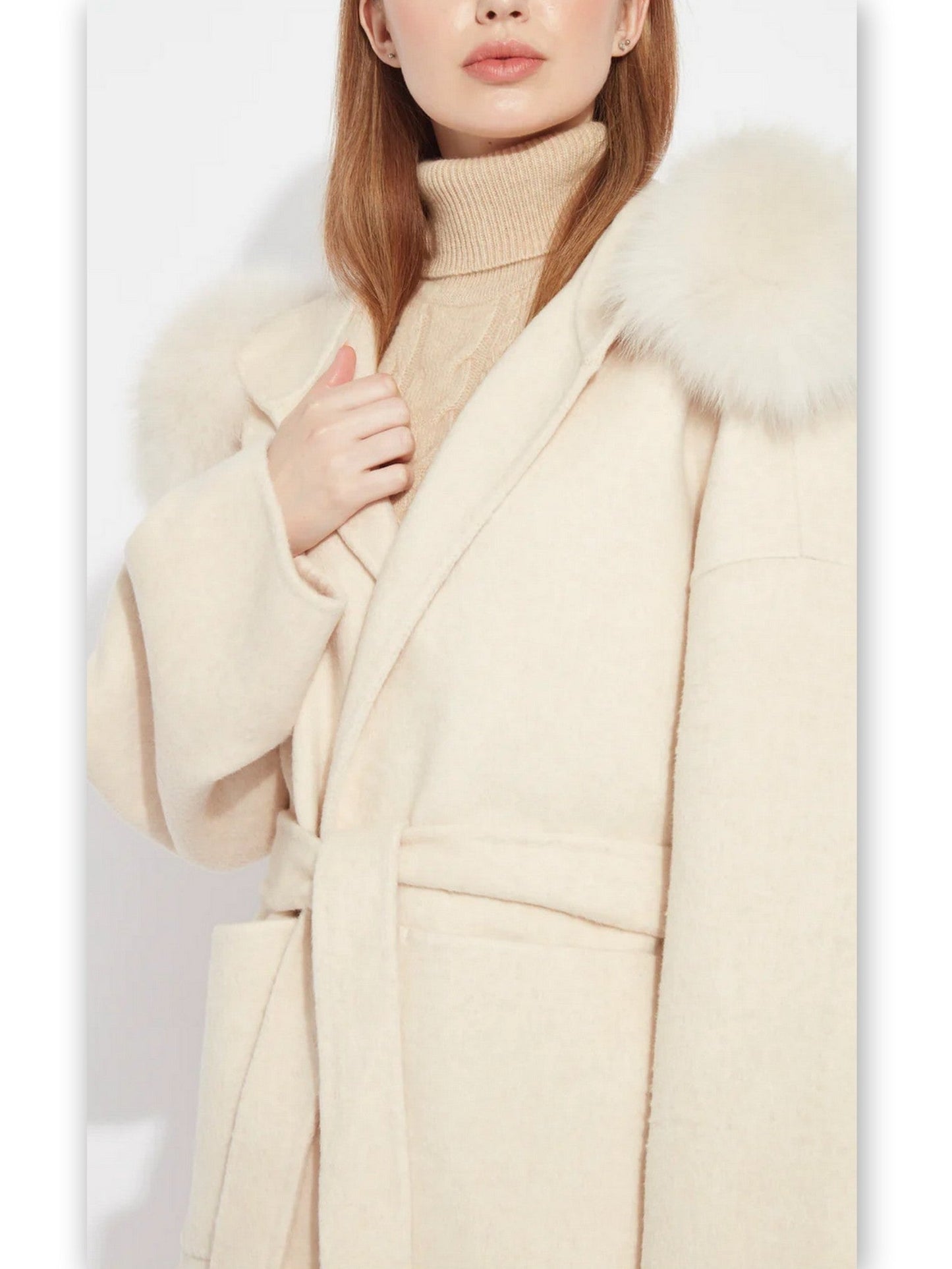 Belted Short Wool Cashmere Coat with Fur-Trim Hood in Ivory - Coats