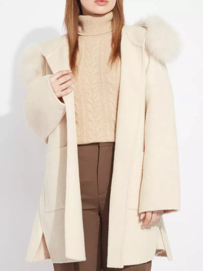 Belted Short Wool Cashmere Coat with Fur-Trim Hood in Ivory - Coats