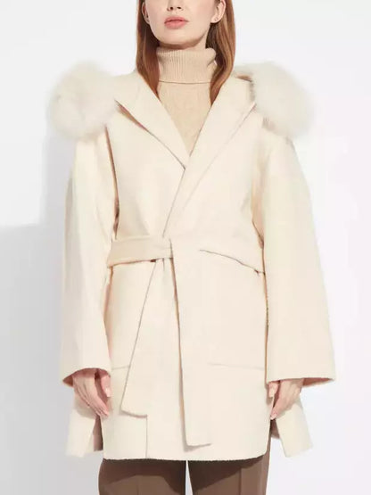 Belted Short Wool Cashmere Coat with Fur-Trim Hood in Ivory - Coats