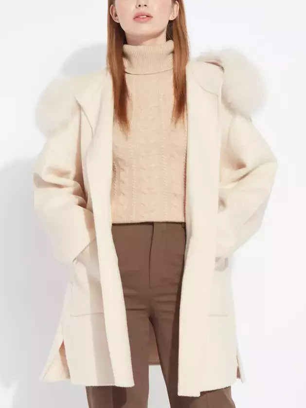 Belted Short Wool Cashmere Coat with Fur-Trim Hood in Ivory - Coats