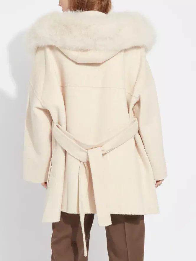 Belted Short Wool Cashmere Coat with Fur-Trim Hood in Ivory - Coats