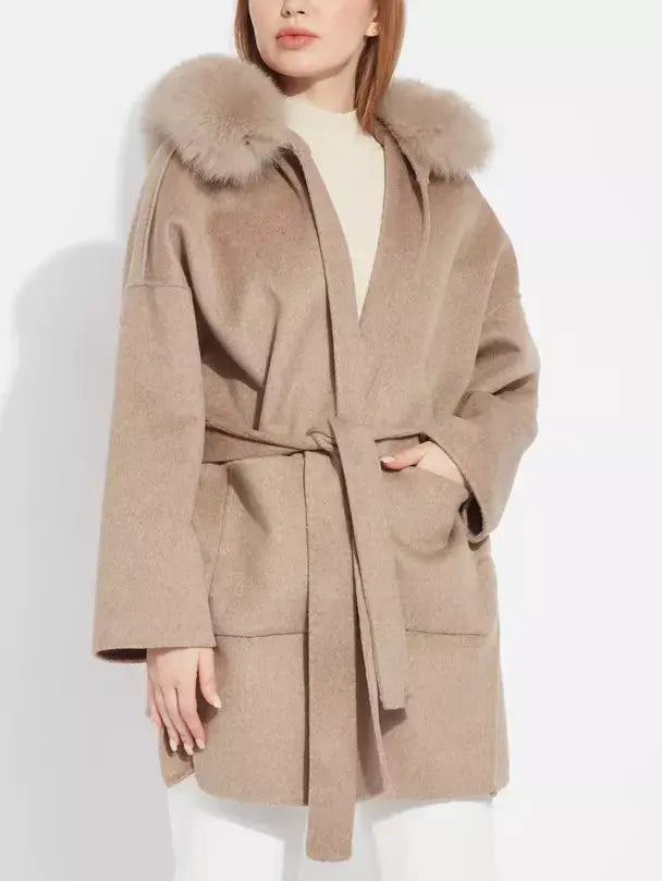 Belted Short Wool Cashmere Coat with Fur-Trim Hood in Taupe - Coats