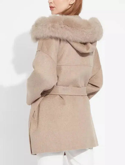 Belted Short Wool Cashmere Coat with Fur-Trim Hood in Taupe - Coats