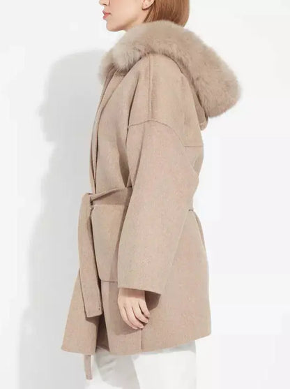 Belted Short Wool Cashmere Coat with Fur-Trim Hood in Taupe - Coats