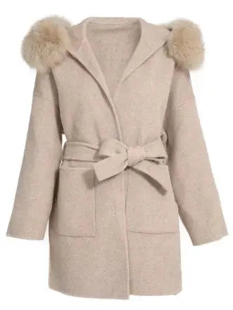 Belted Short Wool Cashmere Coat with Fur-Trim Hood in Taupe - Coats