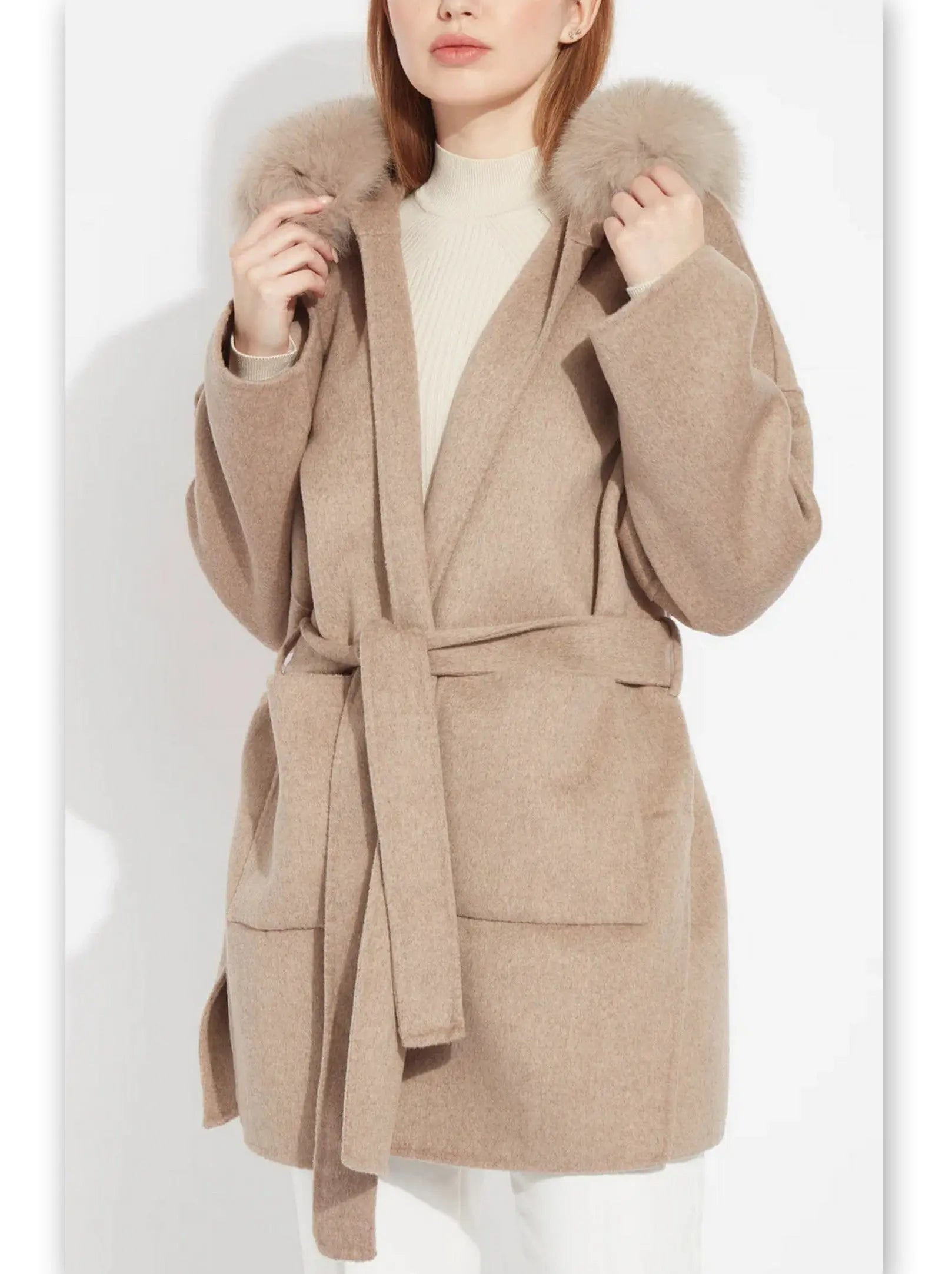 Belted Short Wool Cashmere Coat with Fur-Trim Hood in Taupe - Coats