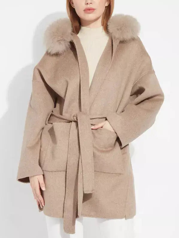 Belted Short Wool Cashmere Coat with Fur-Trim Hood in Taupe - Coats