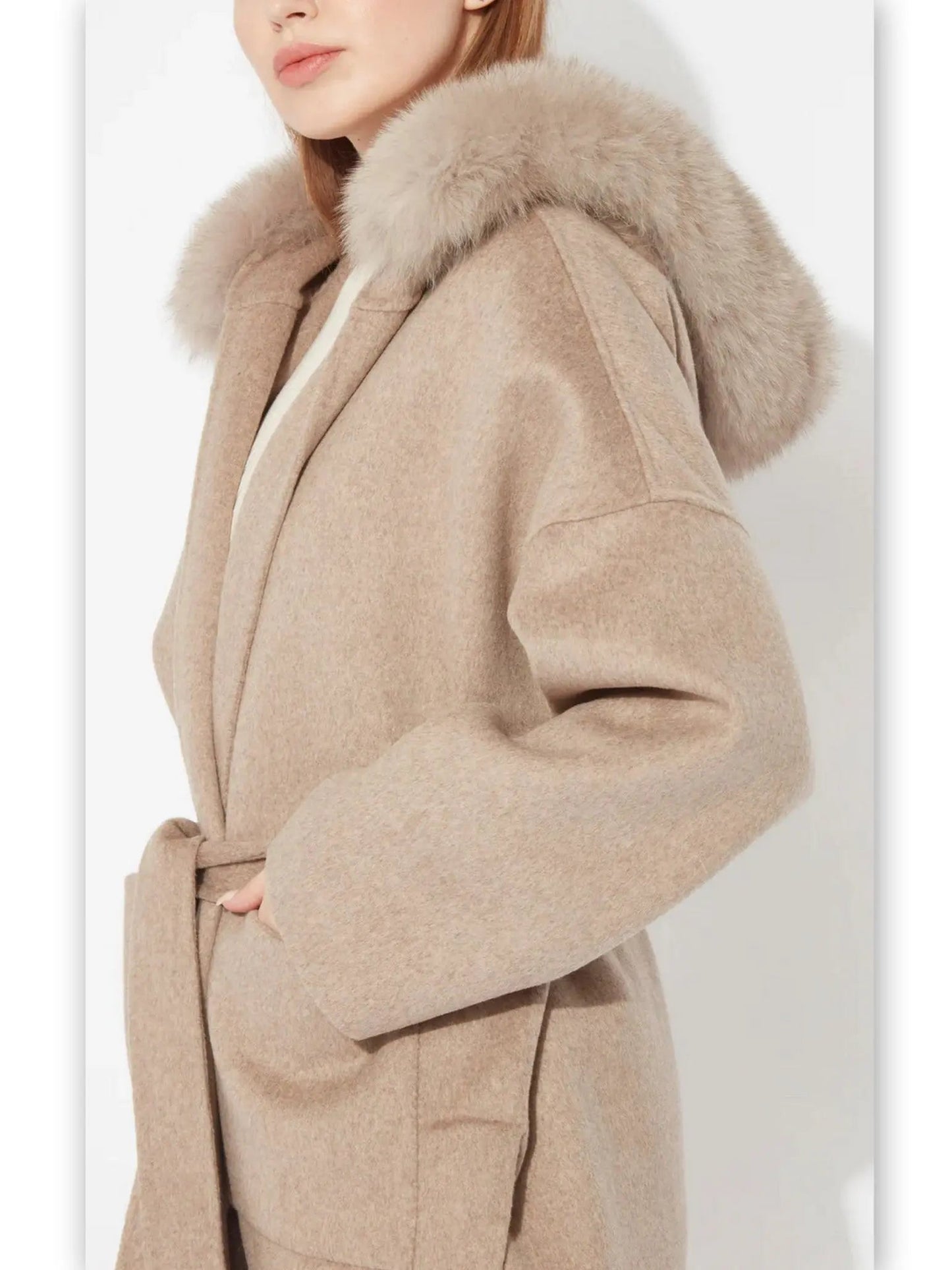 Belted Short Wool Cashmere Coat with Fur-Trim Hood in Taupe - Coats