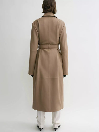 Belted Single-Breasted Leather Coat in Truffle - Coats