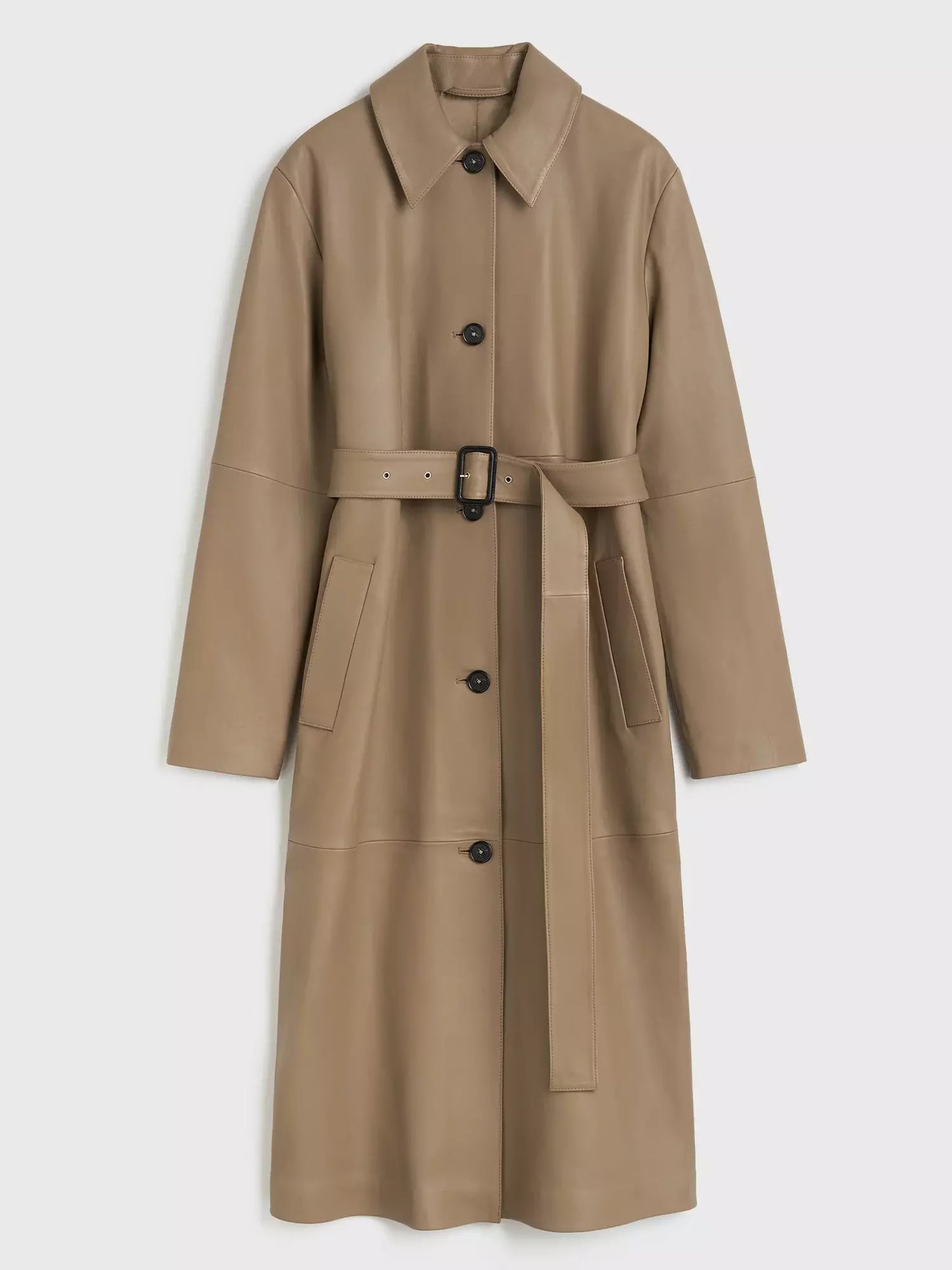 Belted Single-Breasted Leather Coat in Truffle - Coats