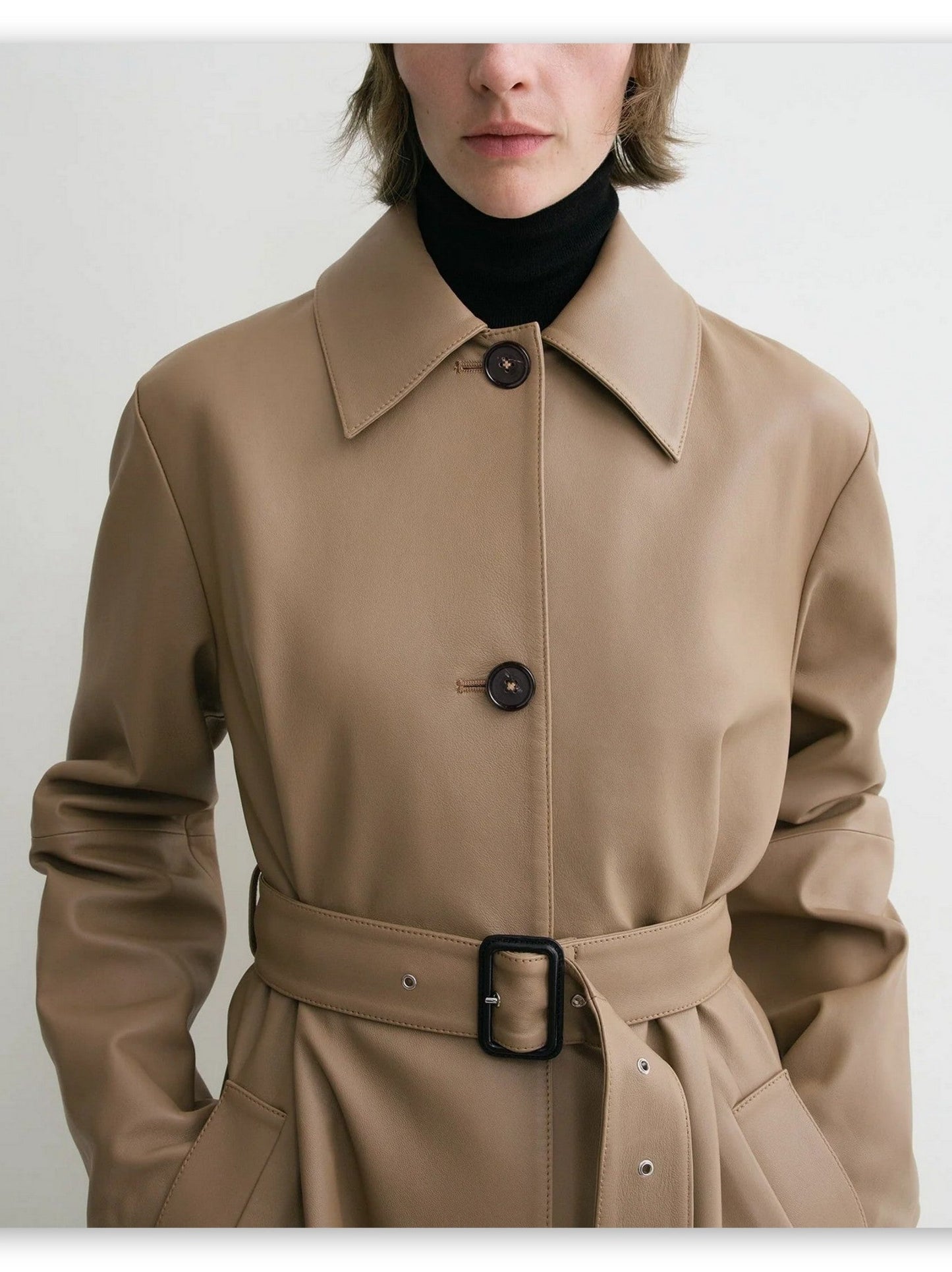 Belted Single-Breasted Leather Coat in Truffle - Coats