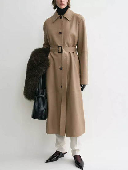 Belted Single-Breasted Leather Coat in Truffle - Coats