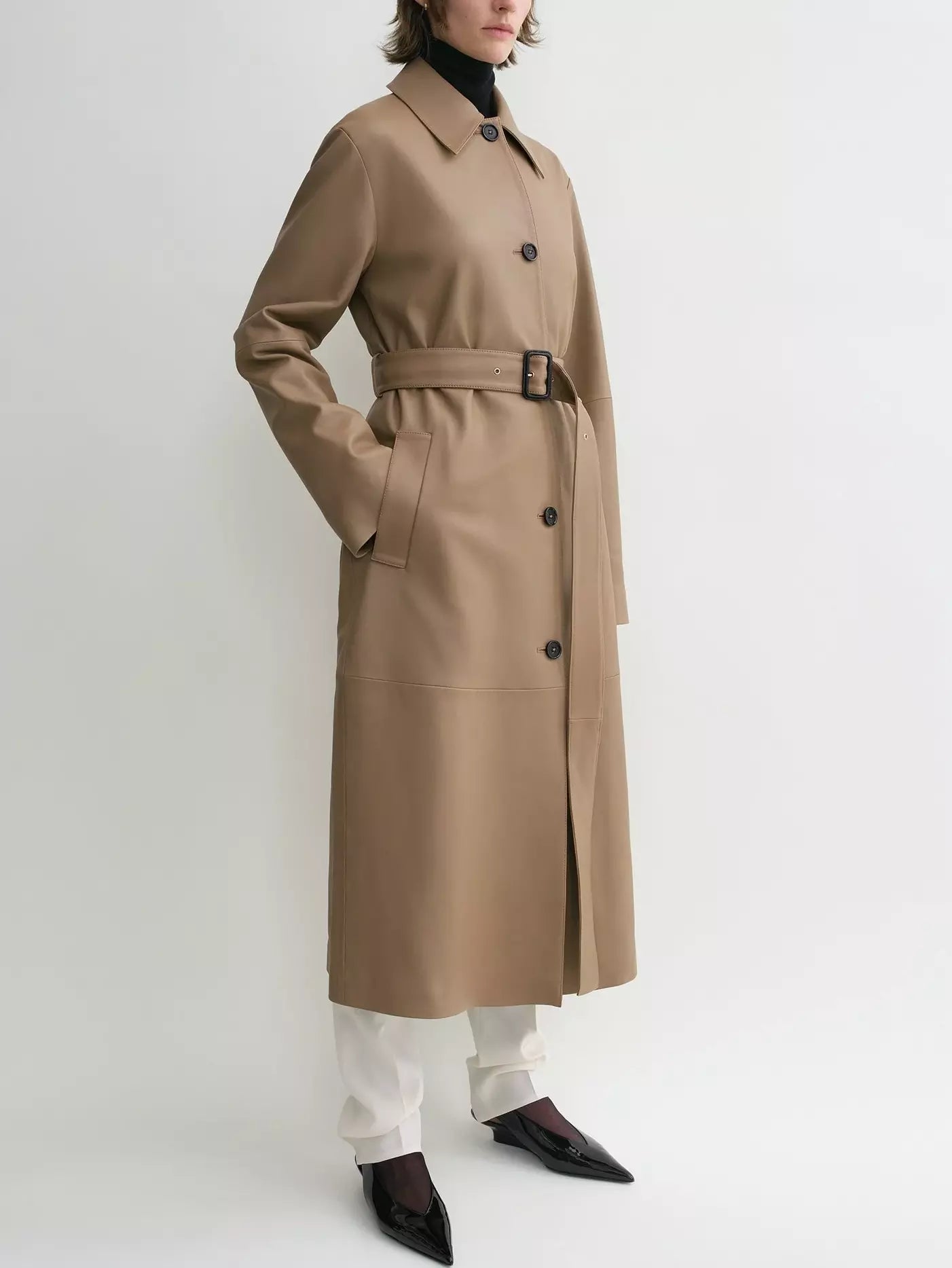 Belted Single-Breasted Leather Coat in Truffle - Coats