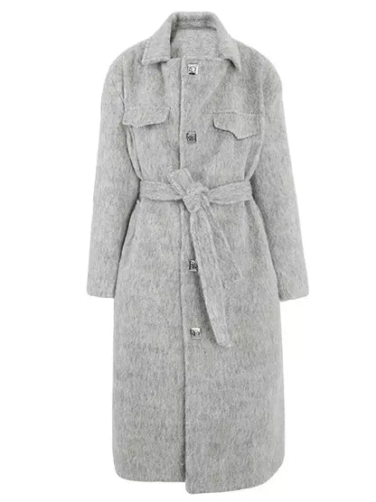 Belted Single-Breasted Mohair-Look Textured Coat - M / Gray - Coats