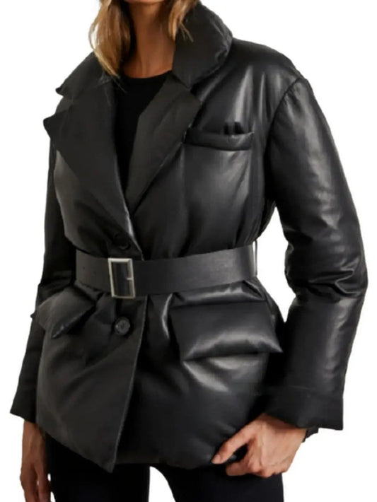 Belted Single-Breasted Padded Leather Jacket - Jackets