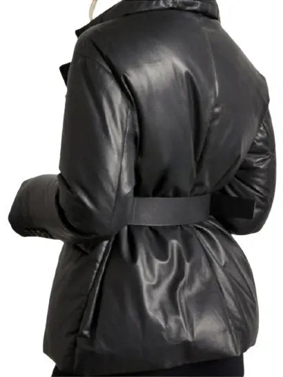 Belted Single-Breasted Padded Leather Jacket - Jackets