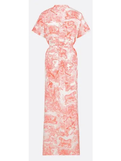 Belted Toile de Jouy Sauvage Motif Shirt Dress in White and Coral - Dresses