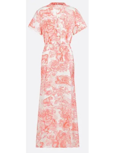 Belted Toile de Jouy Sauvage Motif Shirt Dress in White and Coral - small - Dresses