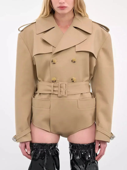 Belted Trench Bodysuit in Beige - Suits & Sets