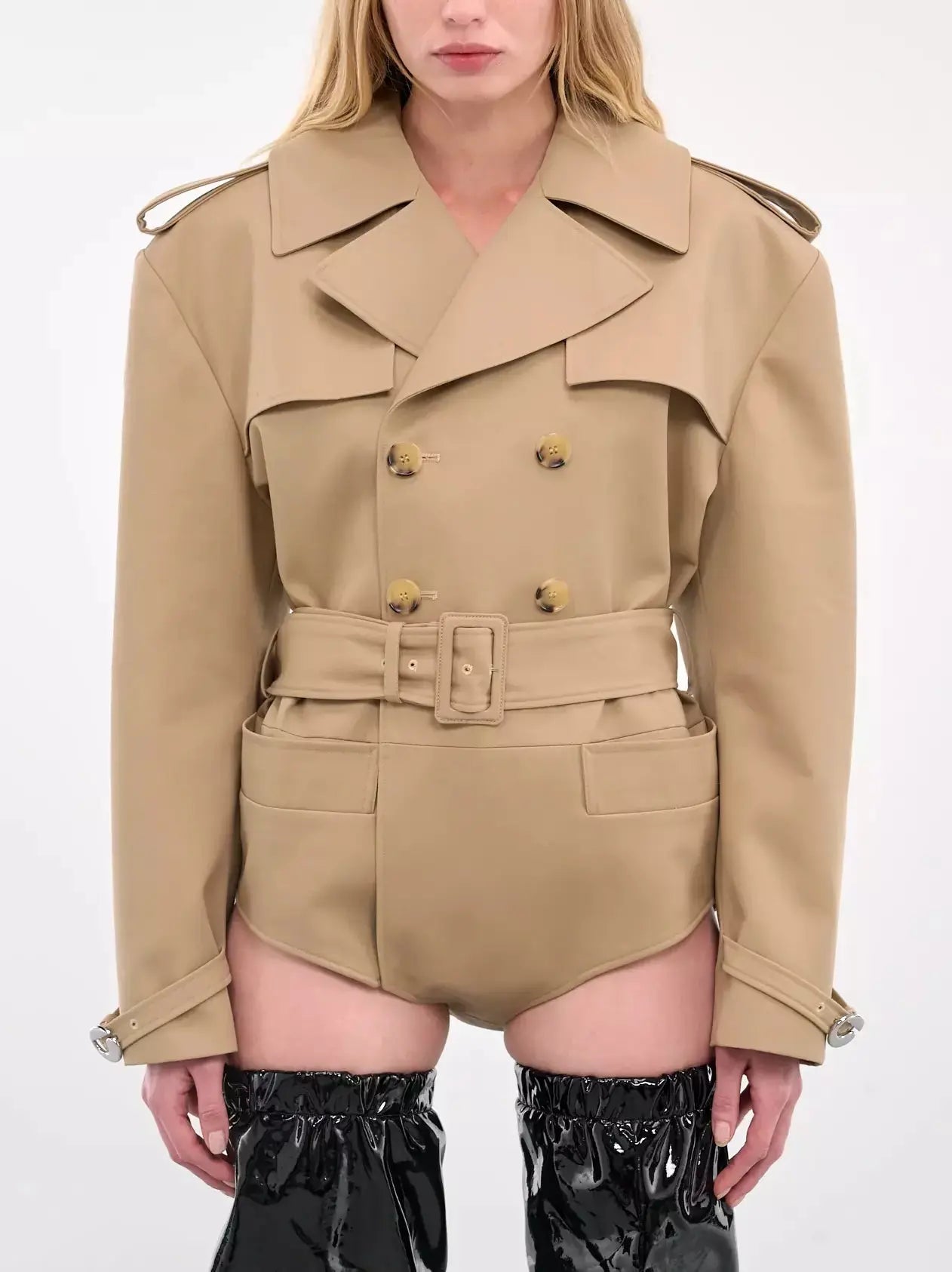 Belted Trench Bodysuit in Beige - Suits & Sets