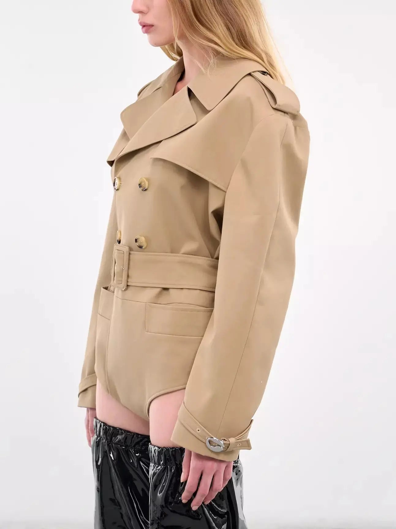 Belted Trench Bodysuit in Beige - Suits & Sets