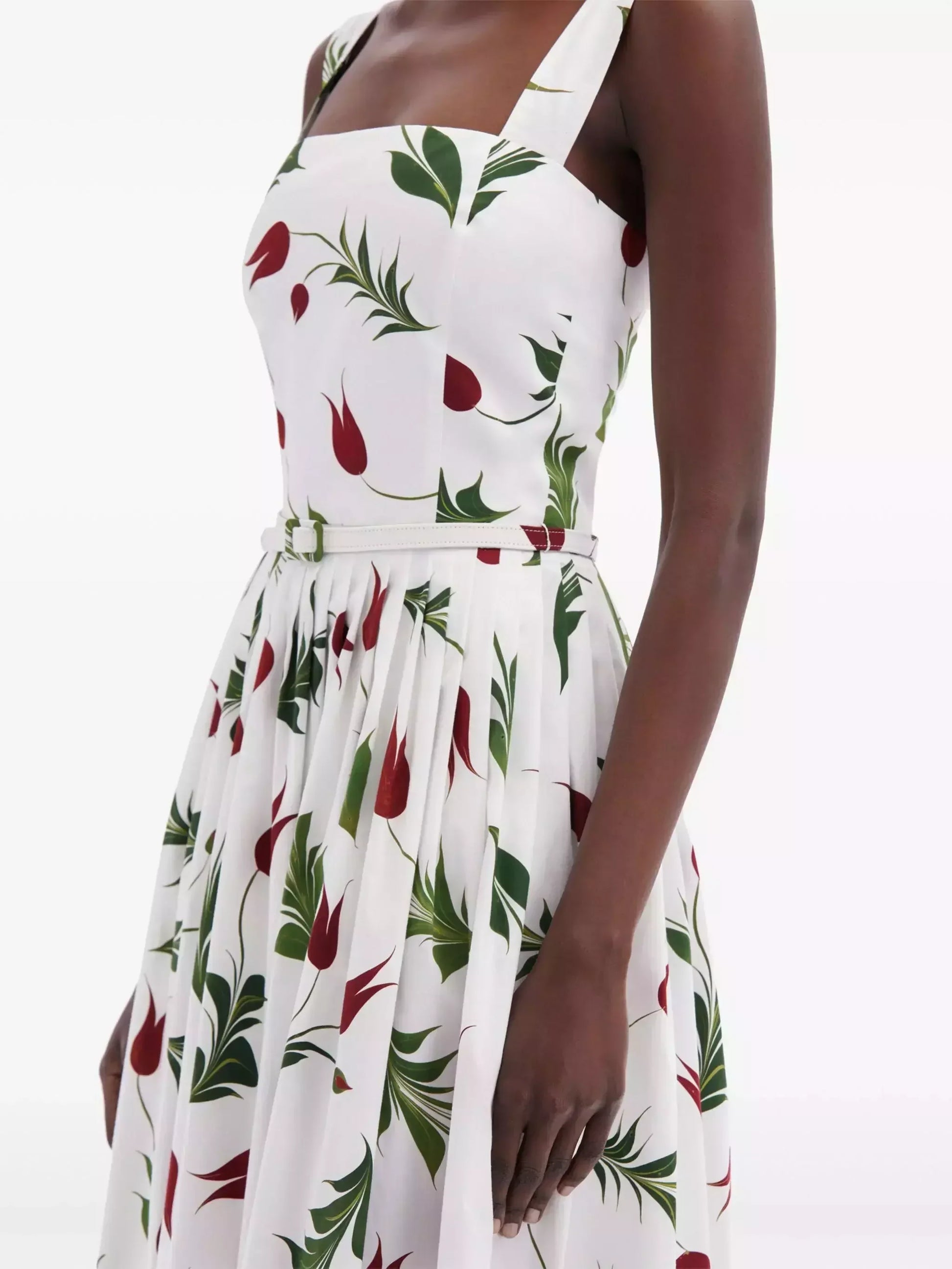 Belted Tulip Printed White Sundress - Dresses