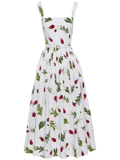 Belted Tulip Printed White Sundress - Dresses