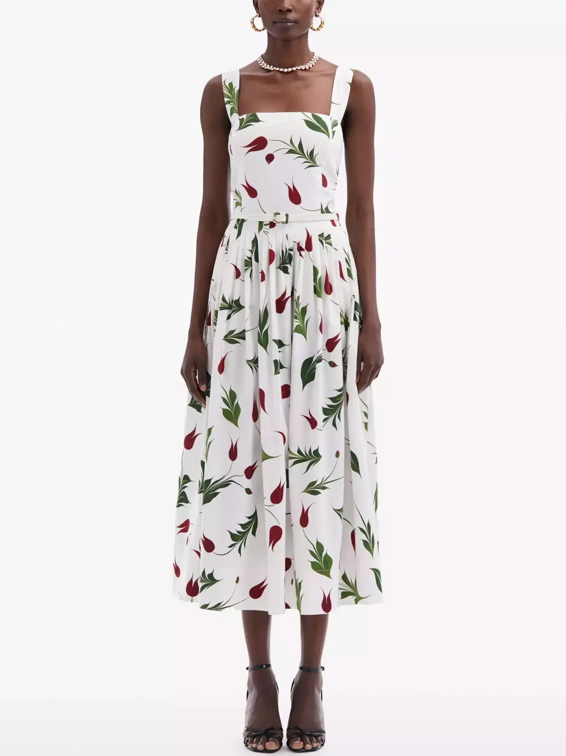 Belted Tulip Printed White Sundress - Dresses