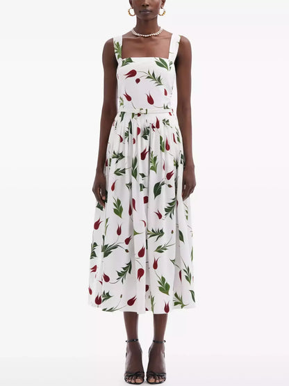 Belted Tulip Printed White Sundress - Dresses
